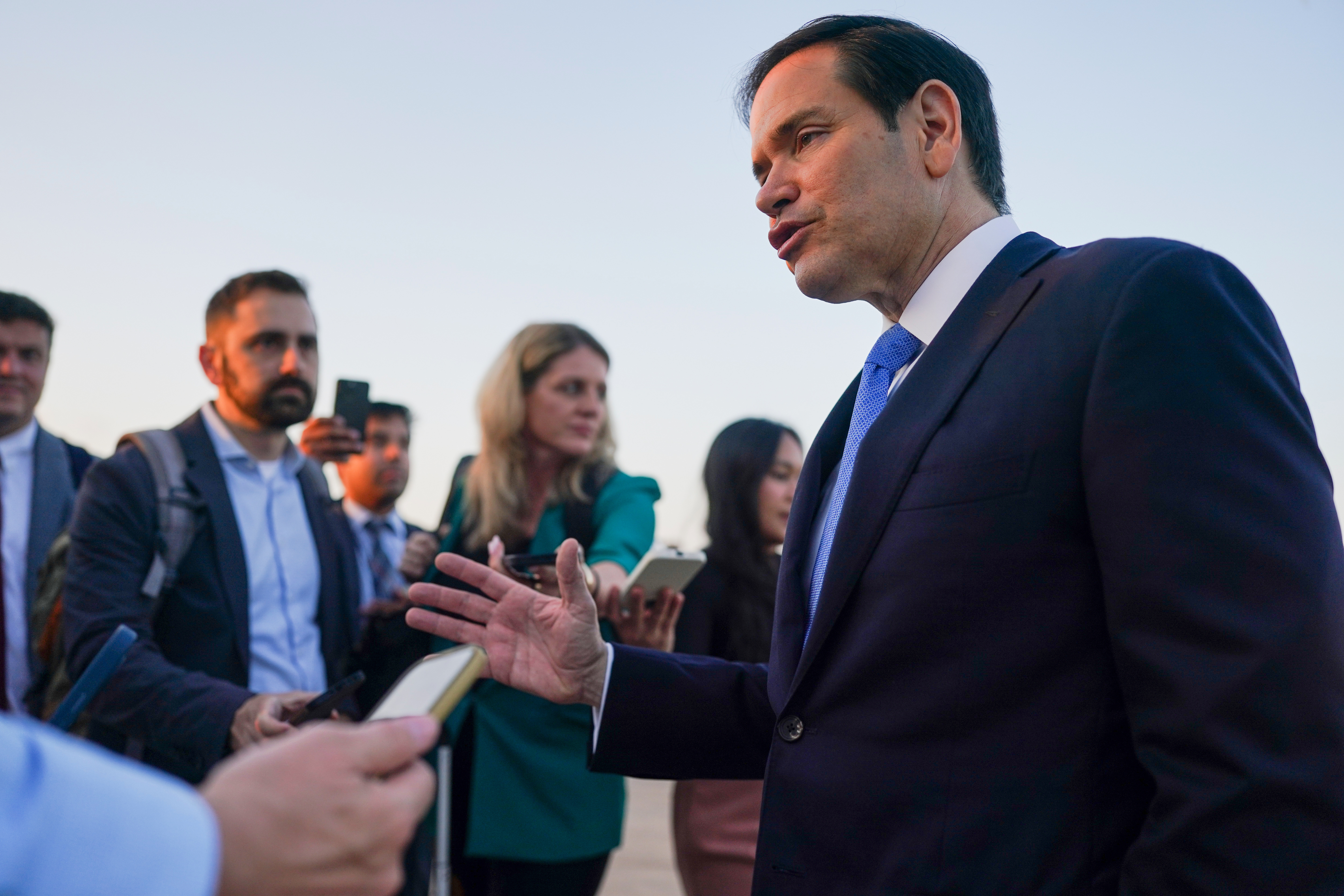 U.S. Secretary of State Marco Rubio speaks to media at Ben Gurion International Airport, as he departs Tel Aviv for Qatar following an official visit, near Lod, Israel, Tuesday, Sept. 16, 2025. (Nathan HowardPool Photo via AP)